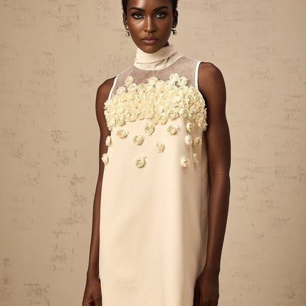 Remi Neutrals Mini Dress with faux-flower embellishment and bow detailing in Terylene and Spandex