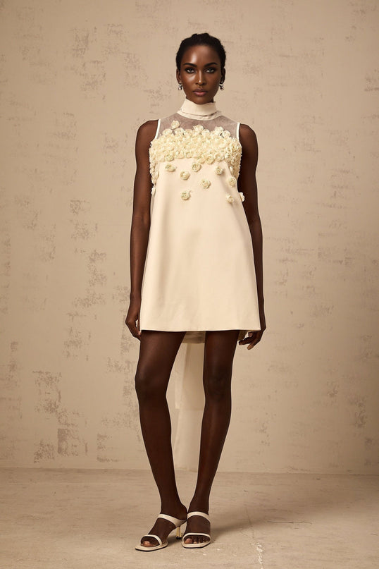 Remi Neutrals Mini Dress high neck sleeveless faux-flower embellishment bow detailing semi-sheer A-line silhouette thigh length rear zip fastening 98% Terylene 2% Spandex