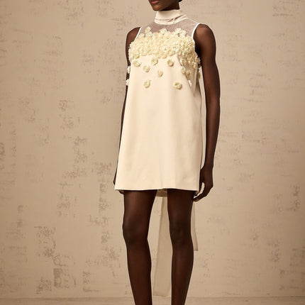 Remi Neutrals Mini Dress High Neck Sleeveless Faux-Flower Embellishment A-Line Thigh Length