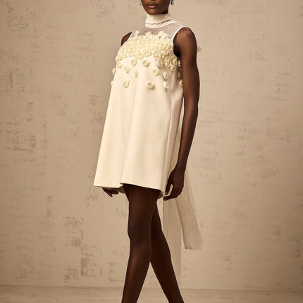 Remi Neutrals Mini Dress with faux-flower embellishment and bow detailing
