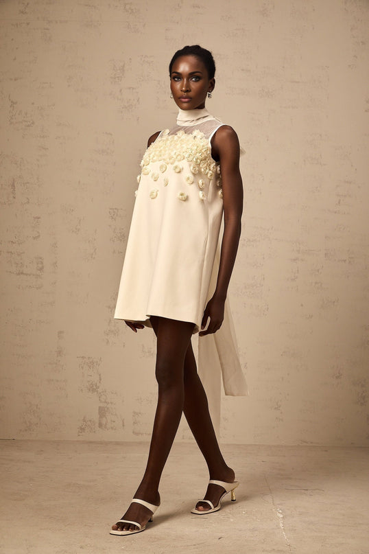 Remi Neutrals Mini Dress with faux-flower embellishment and bow detailing