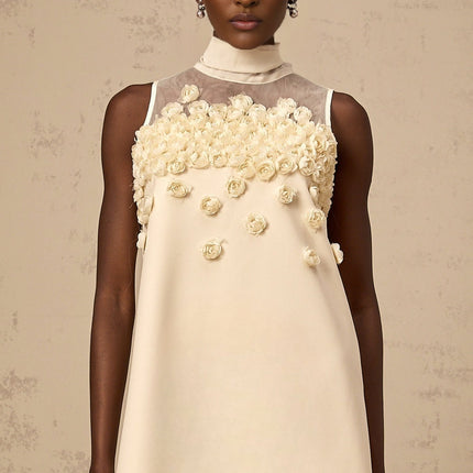 Remi Neutrals Sleeveless Mini Dress with Faux-Flower Embellishment and Bow Detailing