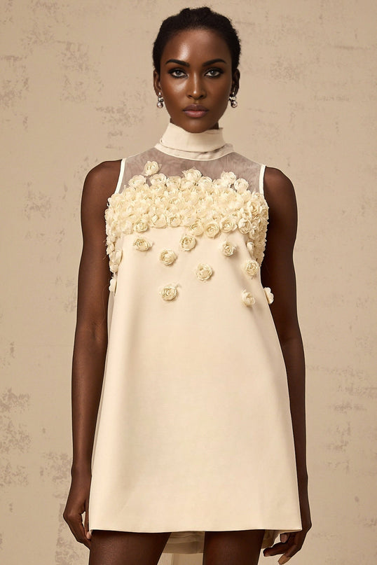 Remi Neutrals Sleeveless Mini Dress with Faux-Flower Embellishment and Bow Detailing