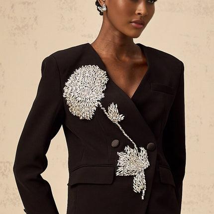 Renata Black Crystal Embellished Double Breasted Blazer