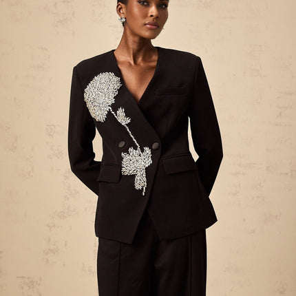 Renata Black Crystal Embellished Double Breasted Blazer