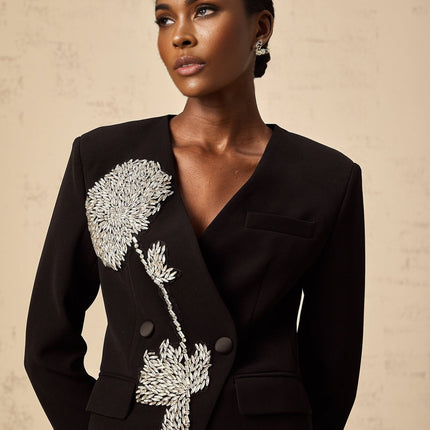 Renata Black Crystal Embellished Double Breasted Blazer