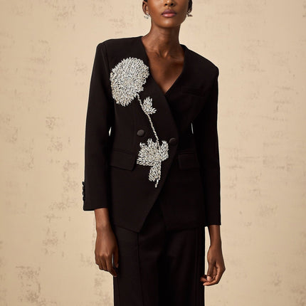 Renata Black Crystal Embellished Double Breasted Blazer