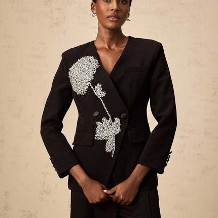 Renata Black Crystal Embellished Double Breasted Blazer