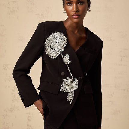 Renata Black Crystal Embellished Double Breasted Blazer