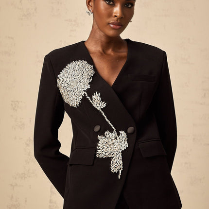 Renata Black Crystal Embellished Double Breasted Blazer