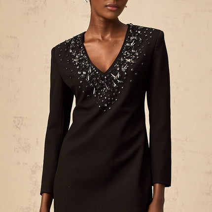 Renata Black Crystal Plunge Aline Mini Dress