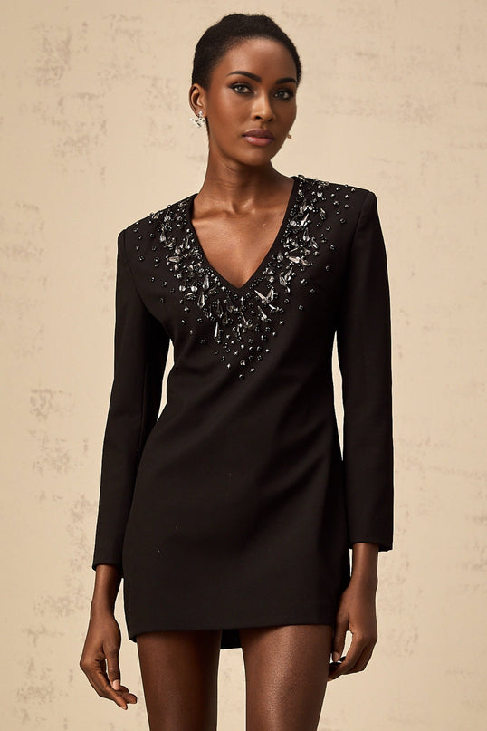 Renata Black Crystal Plunge Aline Mini Dress