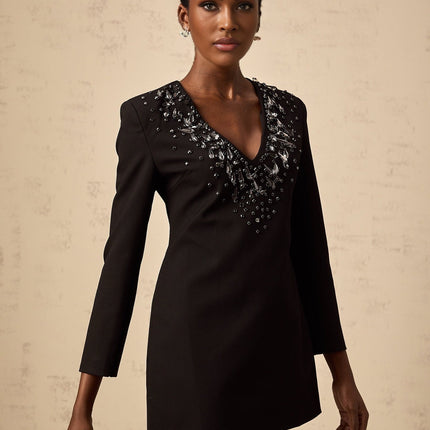 Renata Black Crystal Plunge Aline Mini Dress