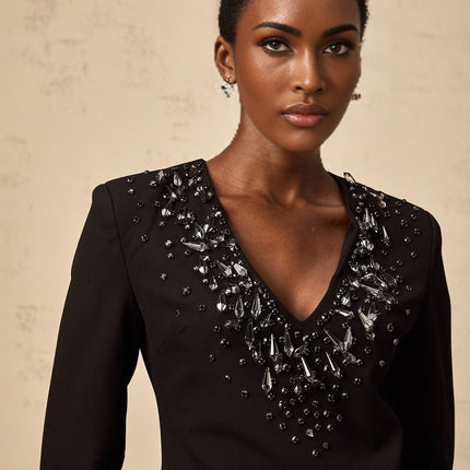 Renata Black Crystal Plunge Aline Mini Dress