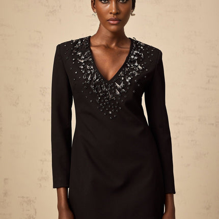Renata Black Crystal Plunge Aline Mini Dress with Long Sleeves and Cinched Waist