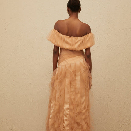 Renata Brown Tulle Maxi Dress with Boned Bodice and Off-Shoulder Neckline