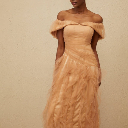Renata Brown Tulle Maxi Dress with Boned Bodice for Formal Events and Special Occasions