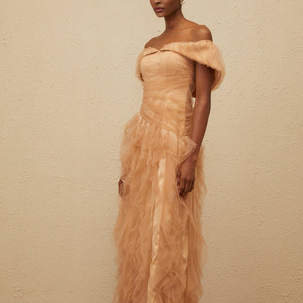 Renata Brown Tulle Maxi Dress with Boned Bodice and Off-Shoulder Neckline for Formal Events and Special Occasions