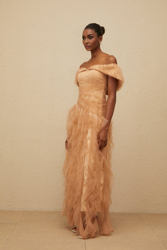 Renata Brown Tulle Maxi Dress with Boned Bodice and Off-Shoulder Neckline for Formal Events and Special Occasions