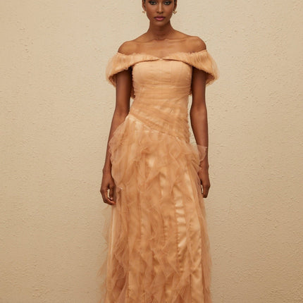 Renata Brown Tulle Ruffle Maxi Dress with Structured Bodice and Off-Shoulder Neckline