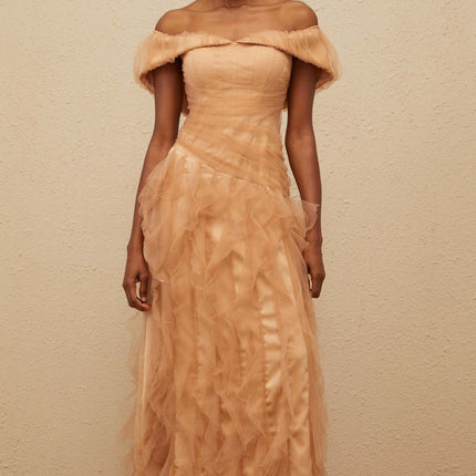 Renata Brown Tulle Ruffled Maxi Dress with Boned Bodice and Off-Shoulder Neckline