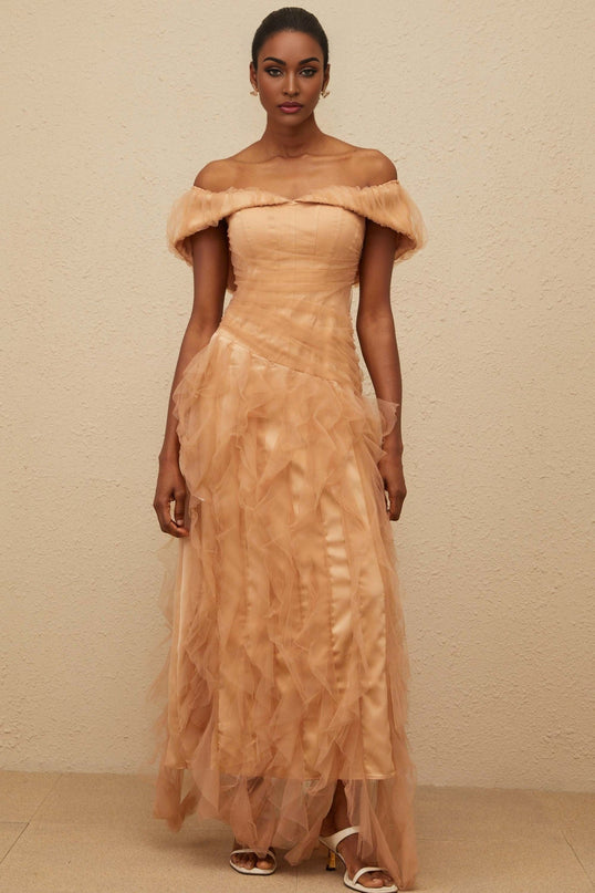Renata Brown Tulle Ruffled Maxi Dress with Boned Bodice and Off-Shoulder Neckline