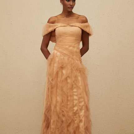 Renata Brown Tulle Ruffled Maxi Dress with Boned Bodice and Off-Shoulder Neckline for Formal Events and Special Occasions
