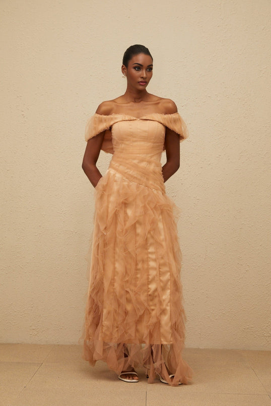 Renata Brown Tulle Ruffled Maxi Dress with Boned Bodice and Off-Shoulder Neckline for Formal Events and Special Occasions