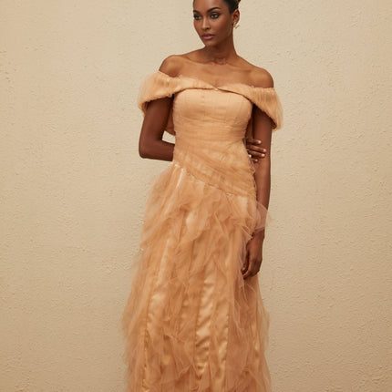 Renata Brown Tulle Ruffled Maxi Dress with Boned Bodice and Off-Shoulder Neckline for Formal Events and Special Occasions