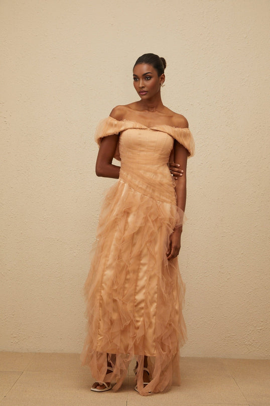 Renata Brown Tulle Ruffled Maxi Dress with Boned Bodice and Off-Shoulder Neckline for Formal Events and Special Occasions