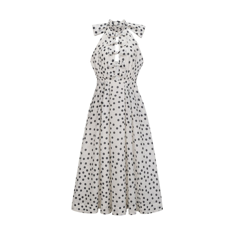 Renata White and Black Polka Dot Halterneck Midi Dress with Bow Embellishment