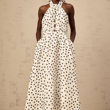 Renata White and Black Polka Dot Halterneck Midi Dress with Bow Embellishment