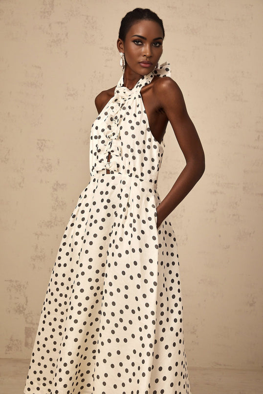 Renata White and Black Polka Dot Halterneck Midi Dress with Bow Embellishment