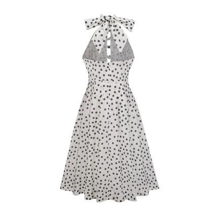 Renata White and Black Polka Dot Halterneck Midi Dress with Bow Embellishment