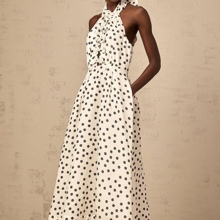 Renata White and Black Polka Dot Halterneck Midi Dress with Bow Embellishment