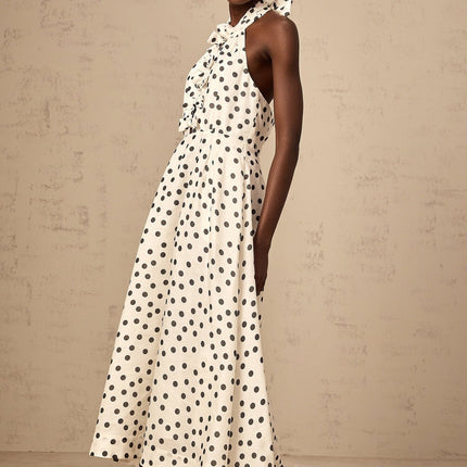 Renata White and Black Polka Dot Halterneck Midi Dress with Bow Embellishment