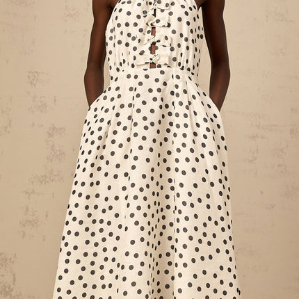 Renata White Polka Dot Halterneck Midi Dress with Bow Embellishment