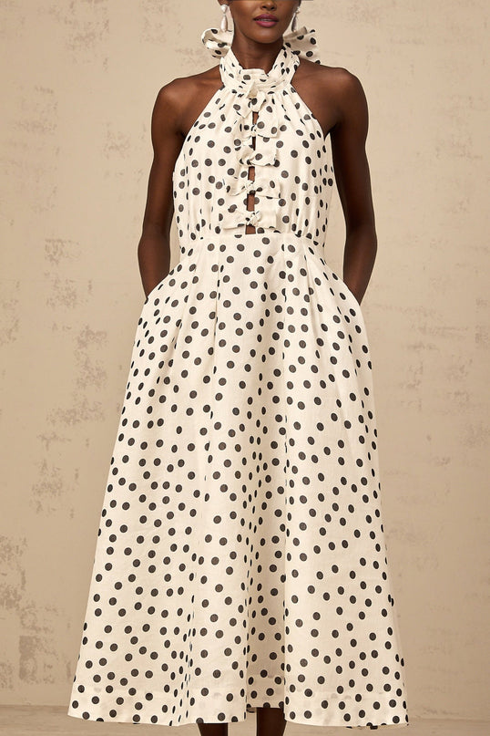 Renata White Polka Dot Halterneck Midi Dress with Bow Embellishment