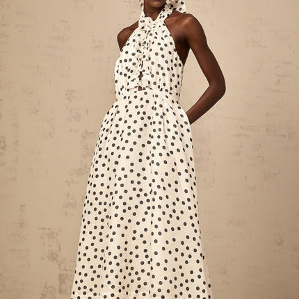Renata White Polka Dot Halterneck Midi Dress with Bow Embellishment