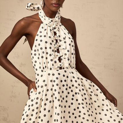 Renata White Polka Dot Halterneck Midi Dress with Bow Embellishment