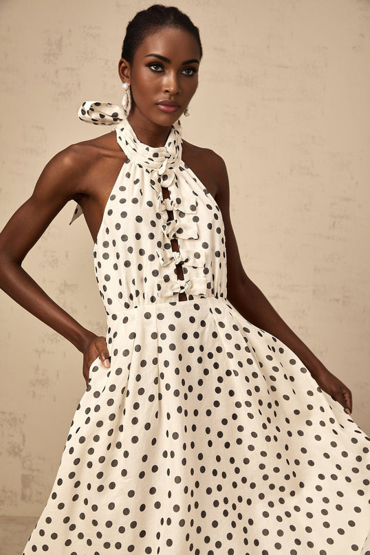 Renata White Polka Dot Halterneck Midi Dress with Bow Embellishment