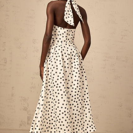 Renata White Polka Dot Halterneck Midi Dress with Bow Embellishment