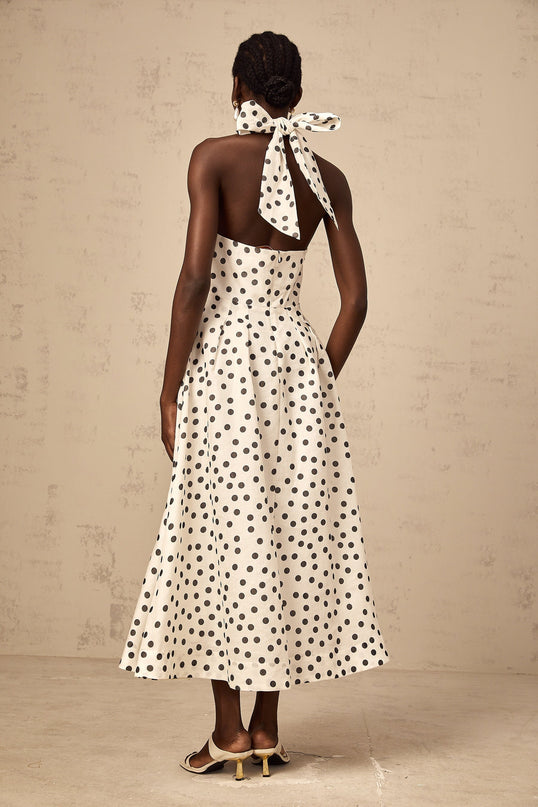 Renata White Polka Dot Halterneck Midi Dress with Bow Embellishment