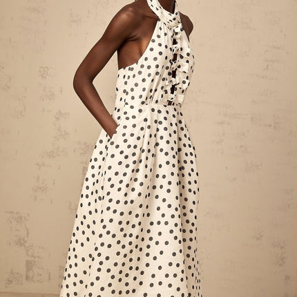 Renata White Polka Dot Midi Dress with Bow Embellishment