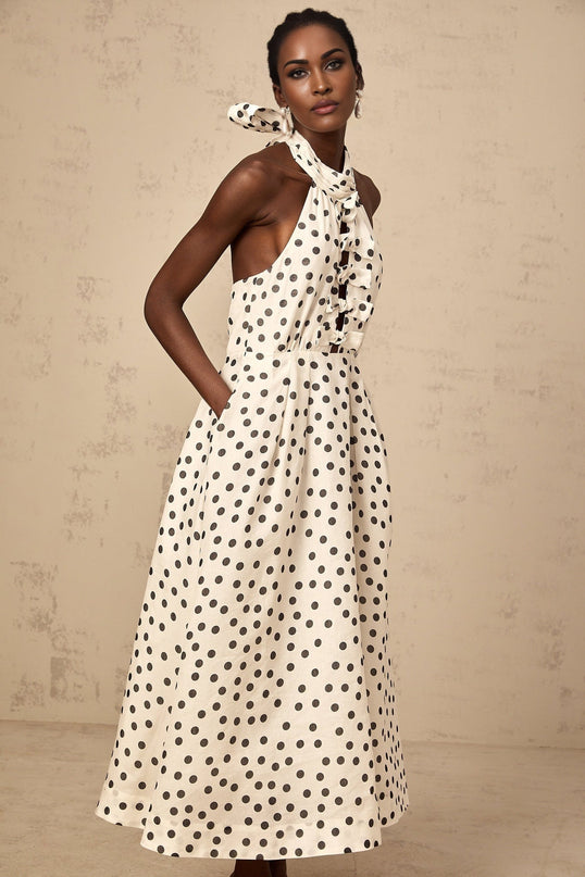 Renata White Polka Dot Midi Dress with Bow Embellishment