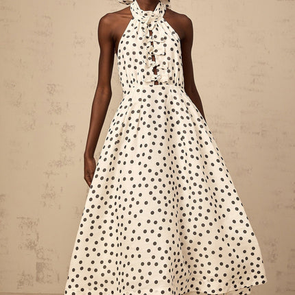 Renata White Polka Dot Midi Dress with Bow Embellishment