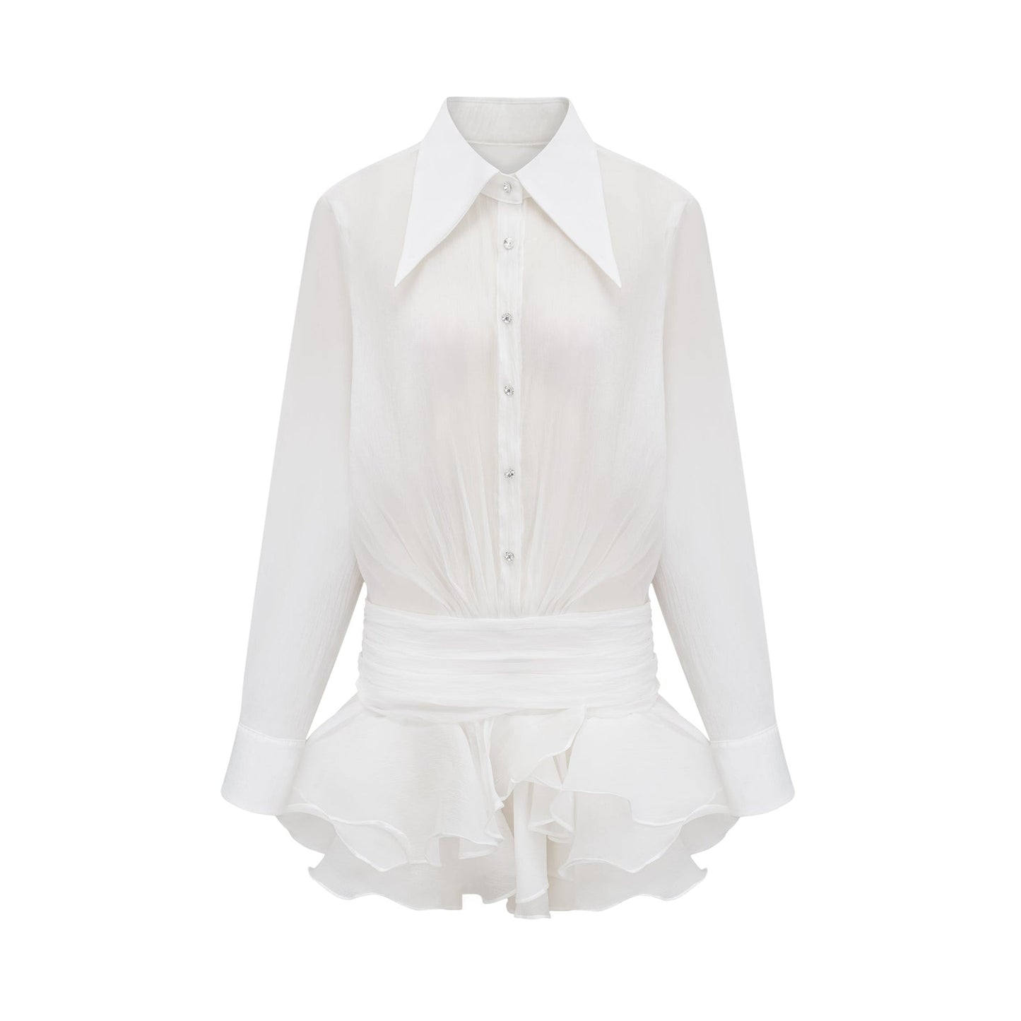 Renée white ruffled mini shirt dress