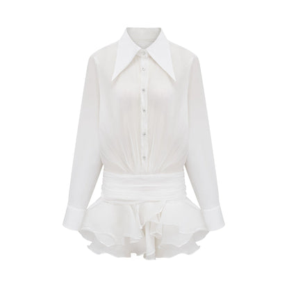 Renée white ruffled mini shirt dress