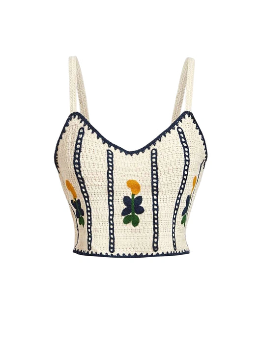 Retro Floral Embroidery Camisole Knitted Top For Women