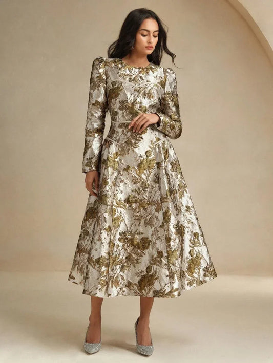 Retro Palace Style Banquet Party Wide Hem Dress Ladies Gold Sequins Embossed Embroidery Dress For